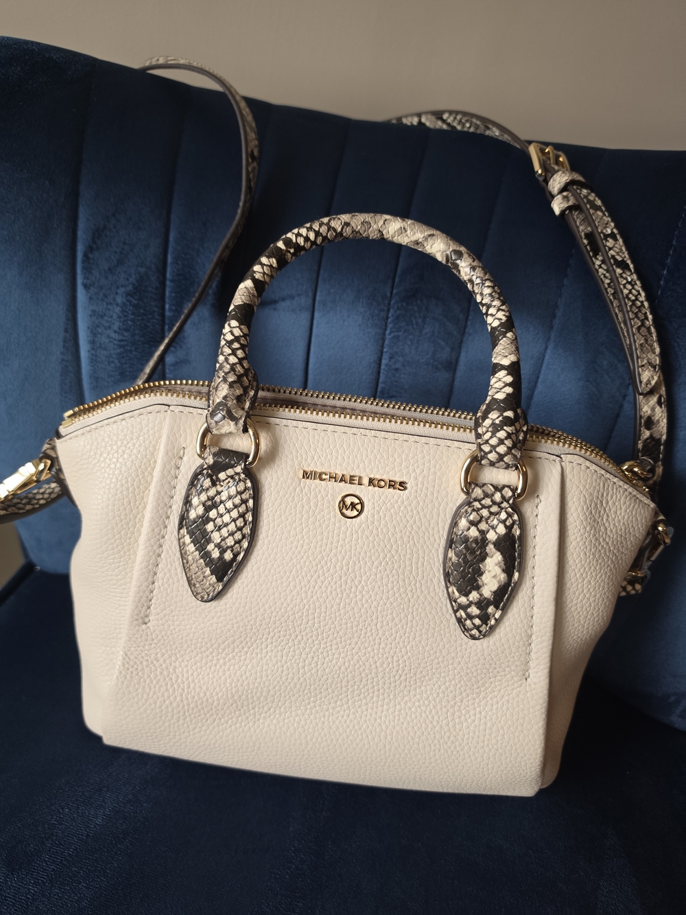 Michael Kors Ivory Pebbled Leather Satchel with Snake-Print Trim